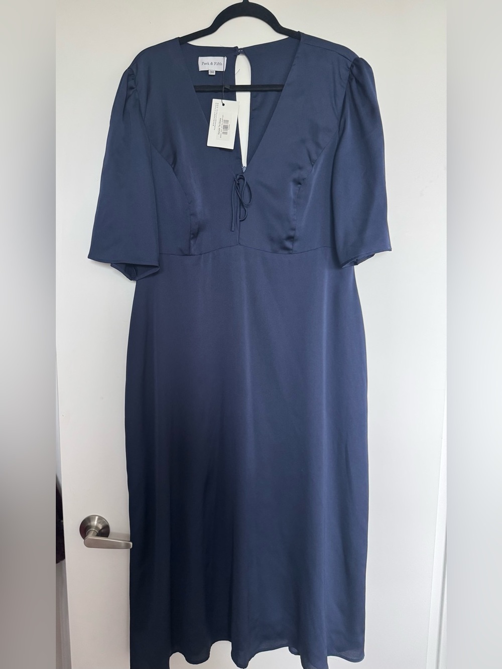 Park & Fifth Navy V-Neck Midi Dress with Tie Detail (Kendal Tie Dress)